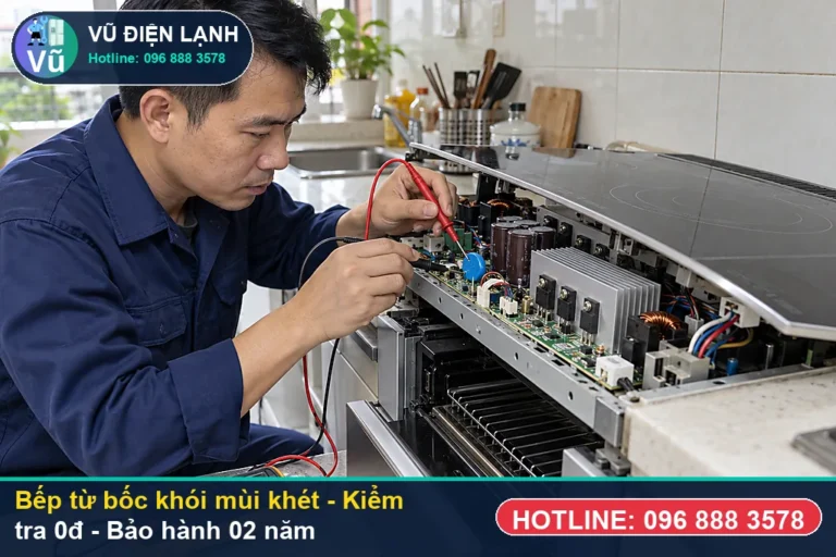 Kỹ thuật viên Vũ Điện Lạnh kiểm tra miễn phí 0đ và thực hiện bếp từ bốc khói mùi khét (hiện tượng bếp từ bốc khói trắng/đen kèm mùi khét lẹt k) tại Hà Nội