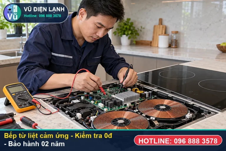 Kỹ thuật viên Vũ Điện Lạnh kiểm tra miễn phí 0đ và thực hiện bếp từ liệt cảm ứng (cách xử lý bếp từ bị liệt cảm ứng, không ấn được phím, ) tại Hà Nội
