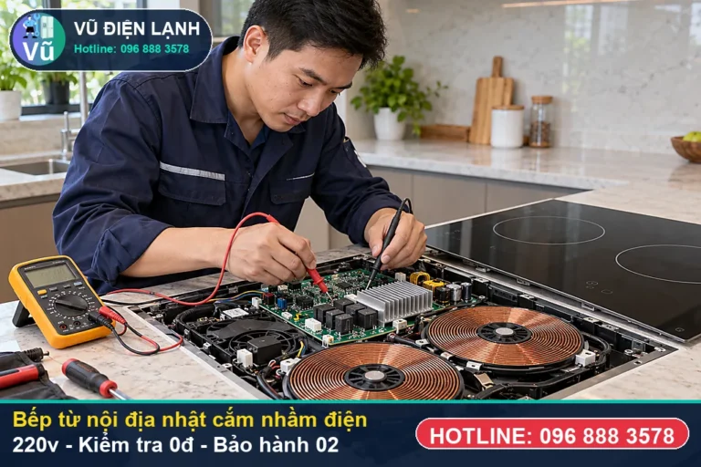 Kỹ thuật viên Vũ Điện Lạnh kiểm tra miễn phí 0đ và thực hiện bếp từ nội địa nhật cắm nhầm điện 220v (cách xử lý bếp từ nội địa Nhật ) tại Hà Nội