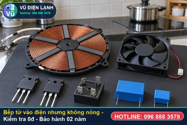 Kỹ thuật viên Vũ Điện Lạnh kiểm tra miễn phí 0đ và thực hiện bếp từ vào điện nhưng không nóng (tình trạng bếp từ vẫn vào điện, đèn LED sáng, quạt gió ) tại Hà Nội