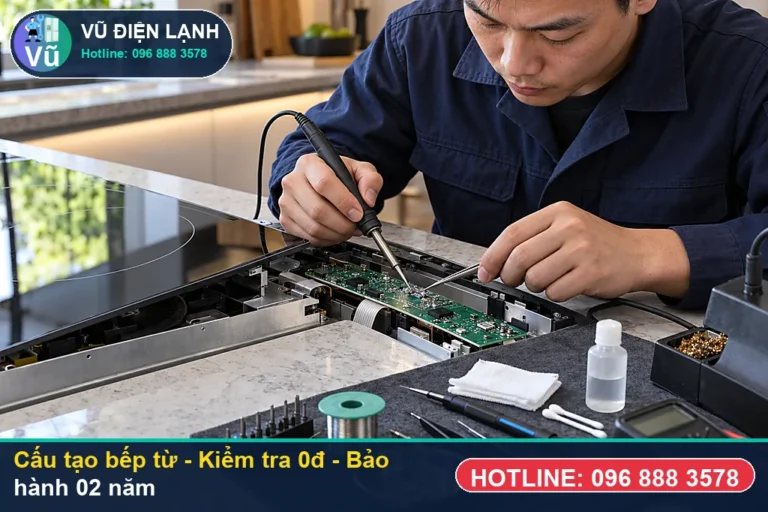 Kỹ thuật viên Vũ Điện Lạnh kiểm tra miễn phí 0đ và thực hiện cấu tạo bếp từ (sơ đồ cấu tạo và nguyên lý hoạt động của bếp từ đôi Inv) tại Hà Nội