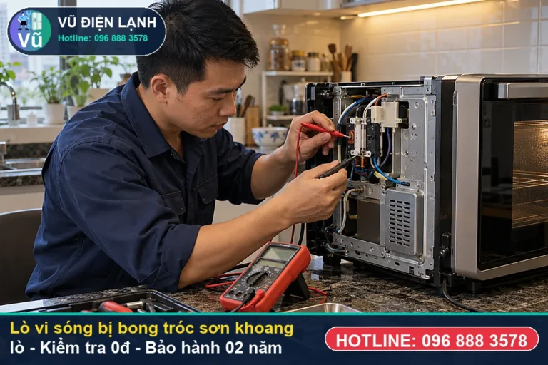 Kỹ thuật viên Vũ Điện Lạnh kiểm tra miễn phí 0đ và thực hiện lò vi sóng bị bong tróc sơn khoang lò (khoang lò vi sóng bị bong tróc sơn, rỉ sét mục đáy hoặc) tại Hà Nội