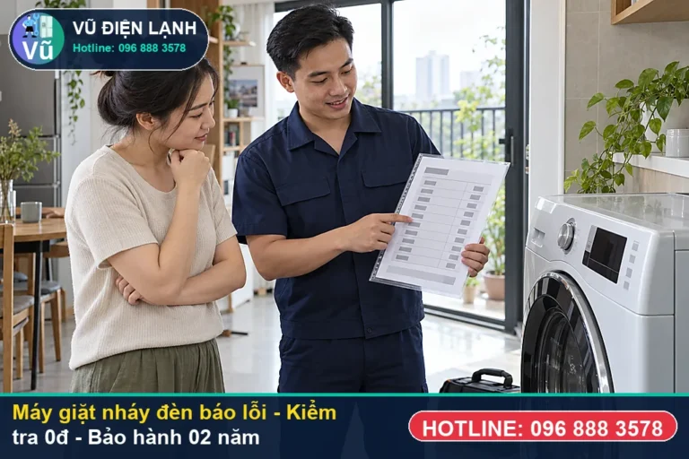 Kỹ thuật viên Vũ Điện Lạnh kiểm tra miễn phí 0đ và thực hiện máy giặt nháy đèn báo lỗi (hiện tượng bọt xà phòng trào ngược ra khỏi khay cấp nướ) tại Hà Nội