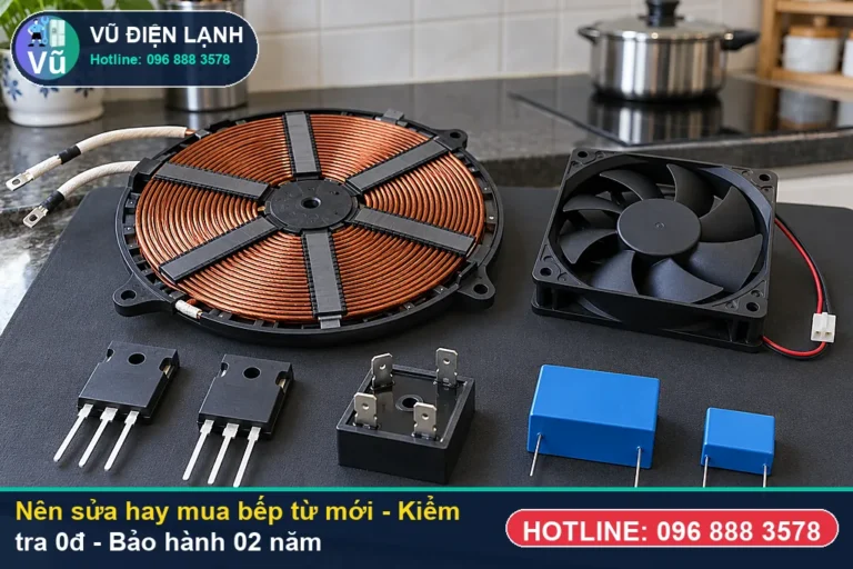 Kỹ thuật viên Vũ Điện Lạnh kiểm tra miễn phí 0đ và thực hiện nên sửa hay mua bếp từ mới (bếp từ hỏng nặng, nổ bo mạch hoặc vỡ mặt kính nên sửa t) tại Hà Nội