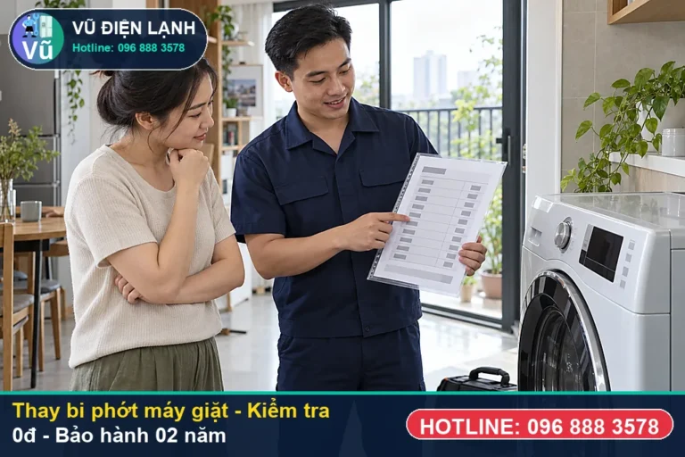 Kỹ thuật viên Vũ Điện Lạnh kiểm tra miễn phí 0đ và thực hiện thay bi phớt máy giặt (quy trình thay chảng ba hợp kim nhôm đúc đặc ) tại Hà Nội