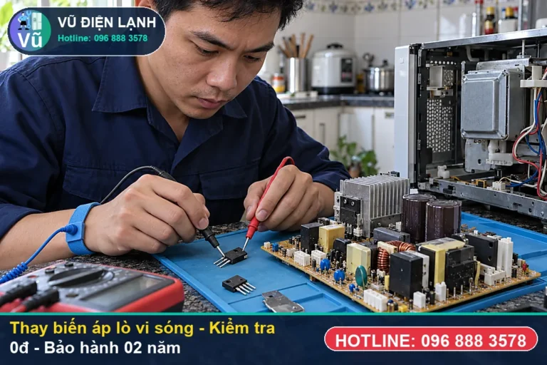 Kỹ thuật viên Vũ Điện Lạnh kiểm tra miễn phí 0đ và thực hiện thay biến áp lò vi sóng (thay biến áp cao áp lò vi sóng ) tại Hà Nội