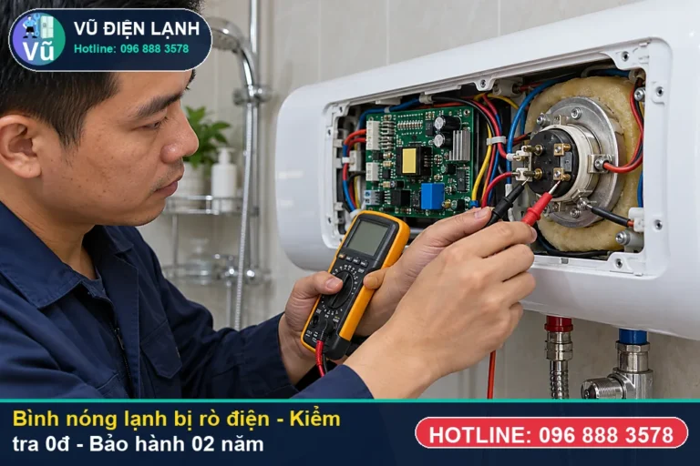 Kỹ thuật viên Vũ Điện Lạnh kiểm tra và xử lý bình nóng lạnh bị rò điện (hiện tượng bình nóng lạnh bị rò điện ra vỏ bì) tại nhà Hà Nội