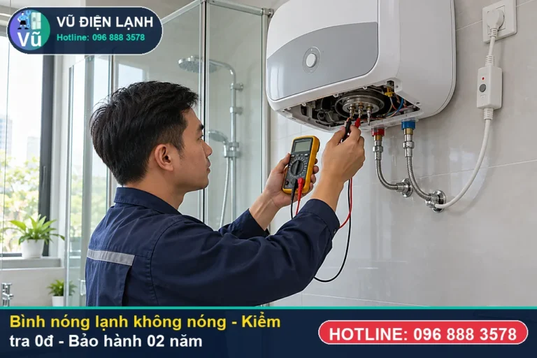 Kỹ thuật viên Vũ Điện Lạnh kiểm tra và xử lý bình nóng lạnh không nóng (hiện tượng bình nóng lạnh bật công tắc nhưng nước hoàn ) tại nhà Hà Nội