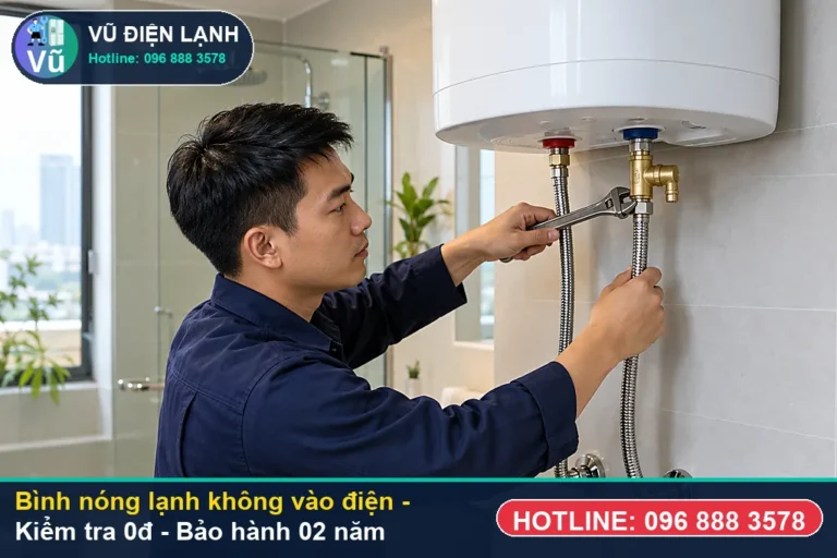 Kỹ thuật viên Vũ Điện Lạnh kiểm tra và xử lý bình nóng lạnh không vào điện (hiện tượng bình nóng lạnh bật aptomat nhưng mất nguồn h) tại nhà Hà Nội