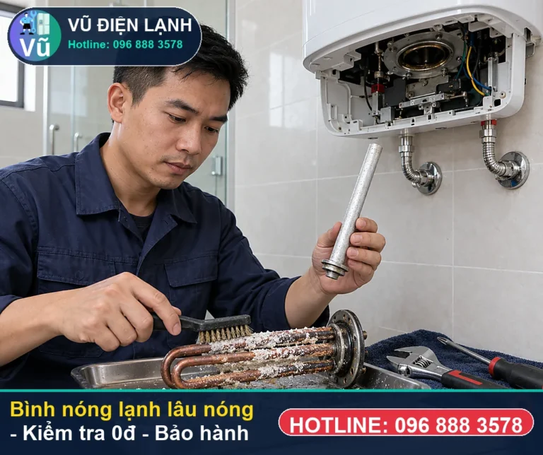 Kỹ thuật viên Vũ Điện Lạnh kiểm tra và xử lý bình nóng lạnh lâu nóng (hiện tượng bình nóng lạnh đun rất lâu nóng ) tại nhà Hà Nội