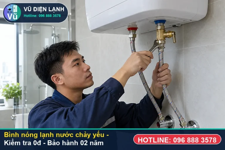Kỹ thuật viên Vũ Điện Lạnh kiểm tra và xử lý bình nóng lạnh nước chảy yếu (hiện tượng bình nóng lạnh nước chảy ra vòi hoa sen rất ) tại nhà Hà Nội