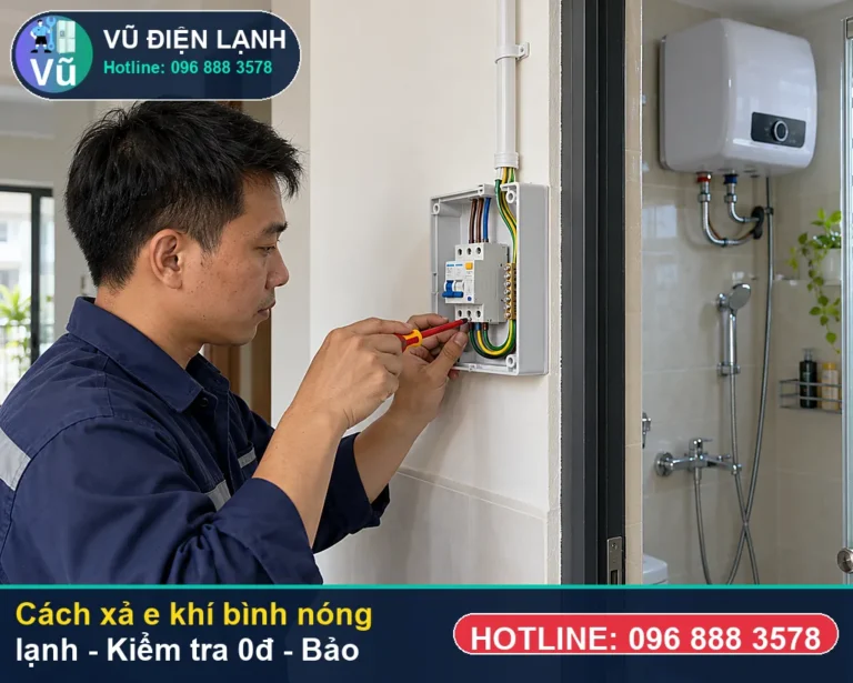Kỹ thuật viên Vũ Điện Lạnh kiểm tra và xử lý cách xả e khí bình nóng lạnh (hướng dẫn chi tiết cách xả E khí bình nóng lạnh ) tại nhà Hà Nội