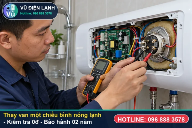 Kỹ thuật viên Vũ Điện Lạnh kiểm tra và xử lý thay van một chiều bình nóng lạnh (cấu tạo, nguyên lý và quy trình thay van một chiều bình) tại nhà Hà Nội