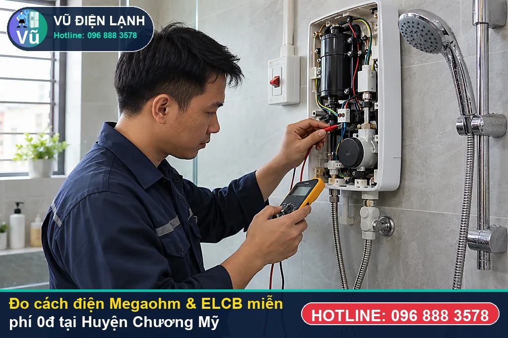 Thợ Vũ Điện Lạnh dùng đồng hồ Megaohm và vạn năng đo kiểm khi sửa bình nóng lạnh tại chương mỹ ở KĐT Lộc Ninh Singashine (Thị trấn Chúc Sơn), Khu công nghiệp Phú Nghĩa