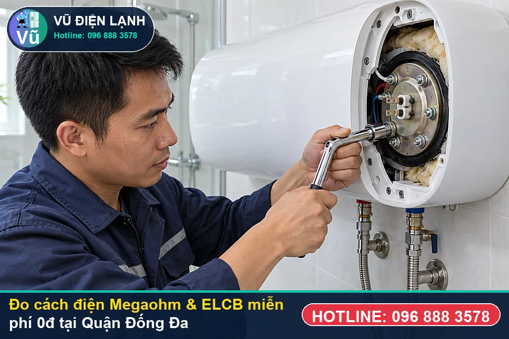 Thợ Vũ Điện Lạnh dùng đồng hồ Megaohm và vạn năng đo kiểm khi sửa bình nóng lạnh tại đống đa ở Chung cư M3-M4 Nguyễn Chí Thanh, Vinhomes Nguyễn Chí Thanh