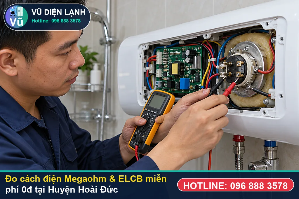 Thợ Vũ Điện Lạnh dùng đồng hồ Megaohm và vạn năng đo kiểm khi sửa bình nóng lạnh tại hoài đức ở KĐT Bắc An Khánh (Splendora), KĐT Nam An Khánh