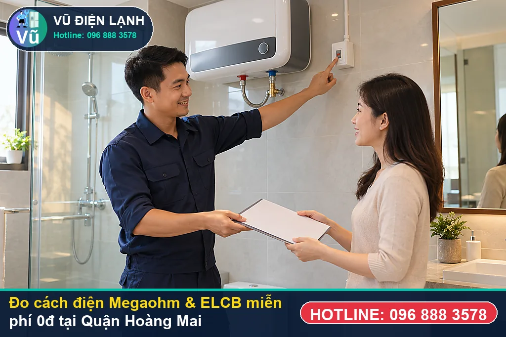 Thợ Vũ Điện Lạnh dùng đồng hồ Megaohm và vạn năng đo kiểm khi sửa bình nóng lạnh tại hoàng mai ở Bán đảo Linh Đàm