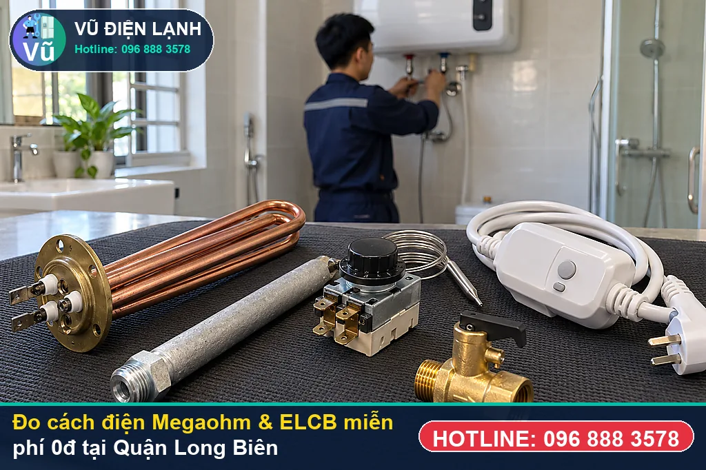 Thợ Vũ Điện Lạnh dùng đồng hồ Megaohm và vạn năng đo kiểm khi sửa bình nóng lạnh tại long biên ở Khu đô thị Vinhomes Riverside, Vinhomes Symphony