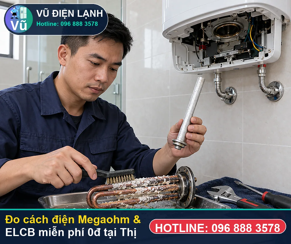 Thợ Vũ Điện Lạnh dùng đồng hồ Megaohm và vạn năng đo kiểm khi sửa bình nóng lạnh tại sơn tây ở KĐT HUD Sơn Tây (phường Trung Hưng - Quang Trung), KĐT Mai Trai
