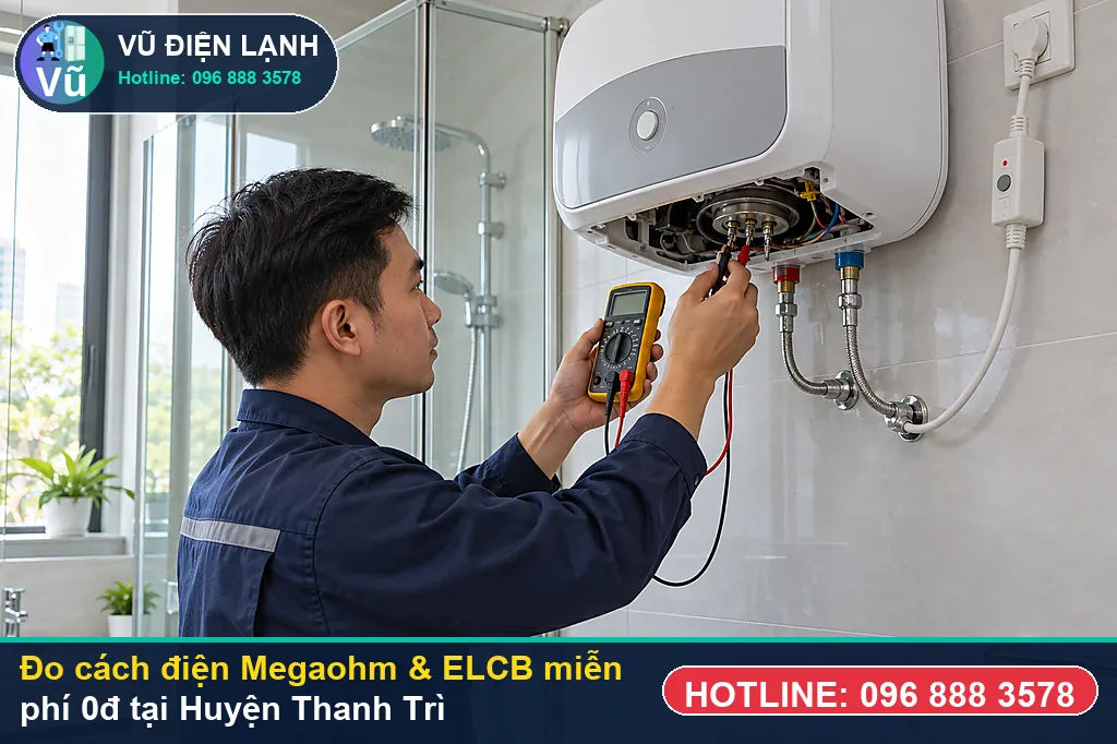 Thợ Vũ Điện Lạnh dùng đồng hồ Megaohm và vạn năng đo kiểm khi sửa bình nóng lạnh tại thanh trì ở KĐT Đại Thanh (Cầu Tó - Phan Trọng Tuệ), KĐT Cầu Bươu