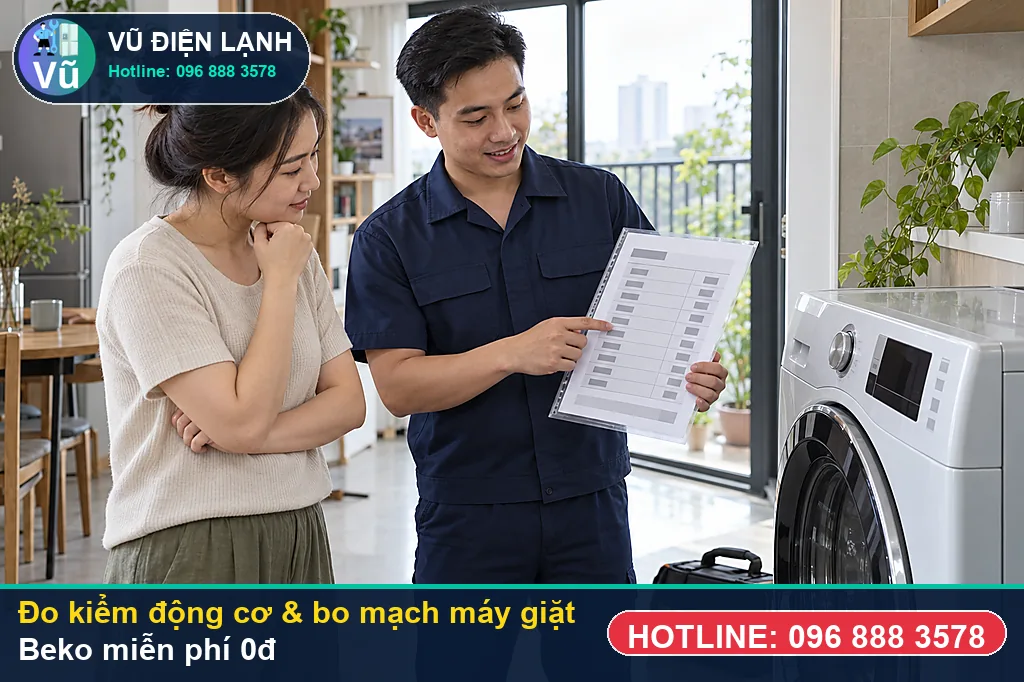 Thợ Vũ Điện Lạnh dùng đồng hồ vạn năng đo kiểm linh kiện khi sửa máy giặt beko tại nhà