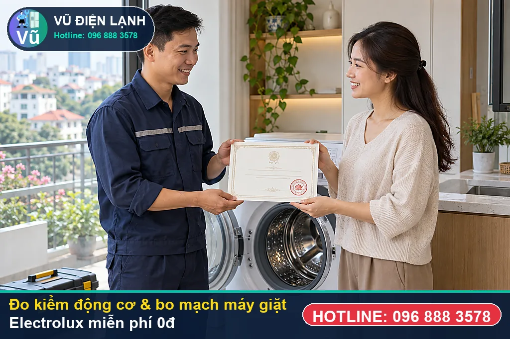 Thợ Vũ Điện Lạnh dùng đồng hồ vạn năng đo kiểm linh kiện khi sửa máy giặt electrolux tại nhà