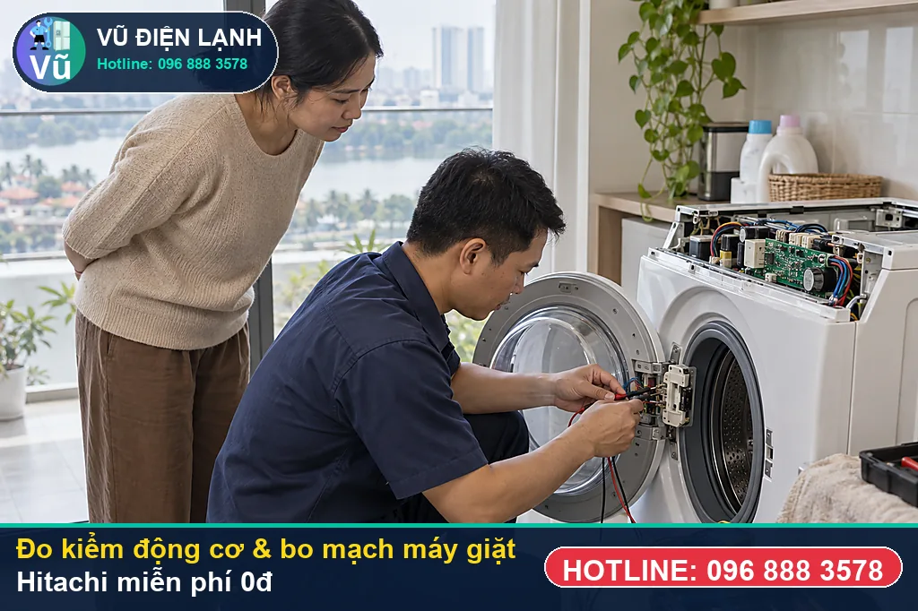 Thợ Vũ Điện Lạnh dùng đồng hồ vạn năng đo kiểm linh kiện khi sửa máy giặt hitachi tại nhà