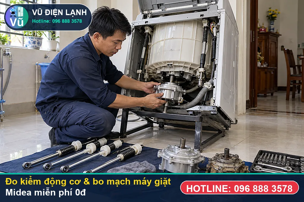 Thợ Vũ Điện Lạnh dùng đồng hồ vạn năng đo kiểm linh kiện khi sửa máy giặt midea tại nhà