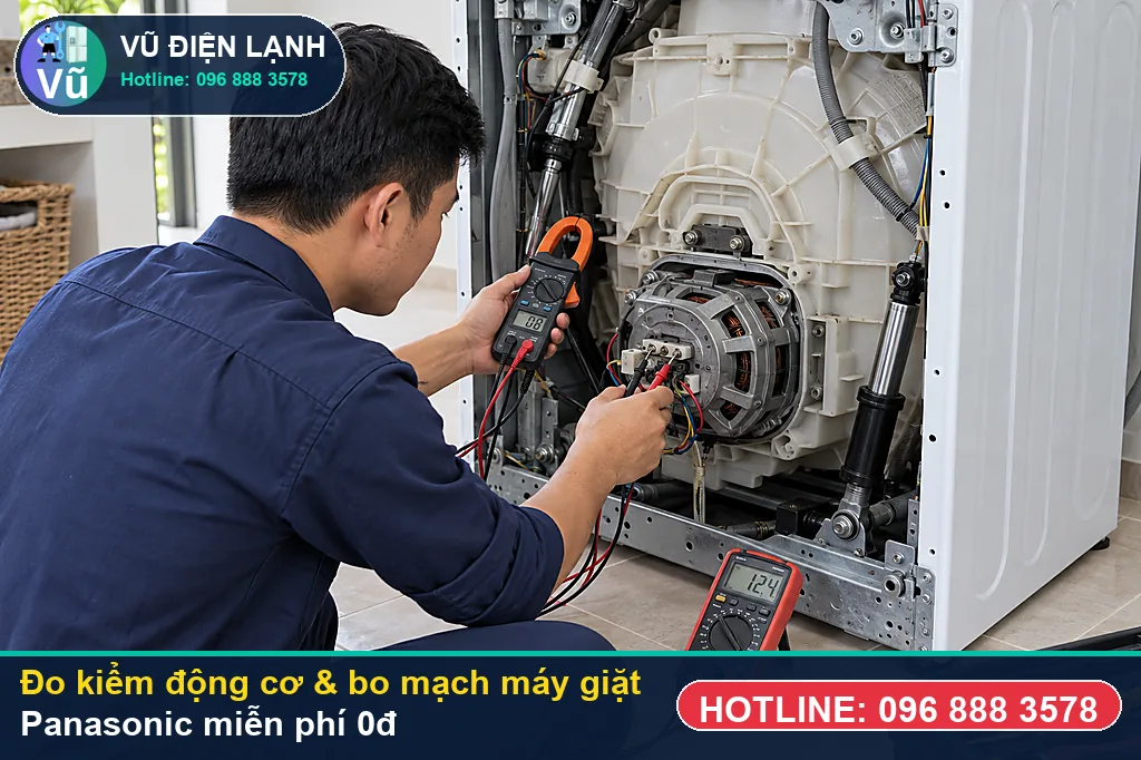 Thợ Vũ Điện Lạnh dùng đồng hồ vạn năng đo kiểm linh kiện khi sửa máy giặt panasonic tại nhà