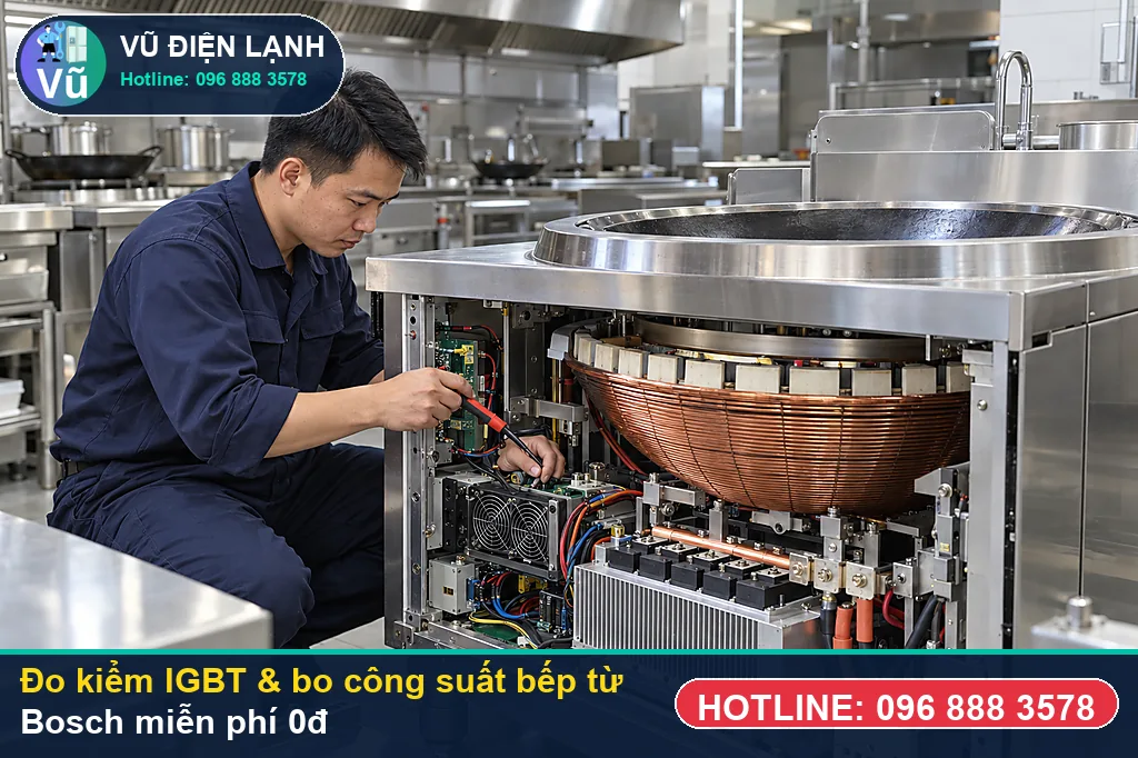 Thợ Vũ Điện Lạnh dùng đồng hồ vạn năng đo kiểm linh kiện khi sửa bếp từ bosch tại nhà