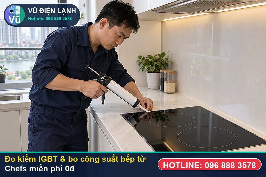 Thợ Vũ Điện Lạnh dùng đồng hồ vạn năng đo kiểm linh kiện khi sửa bếp từ chefs tại nhà