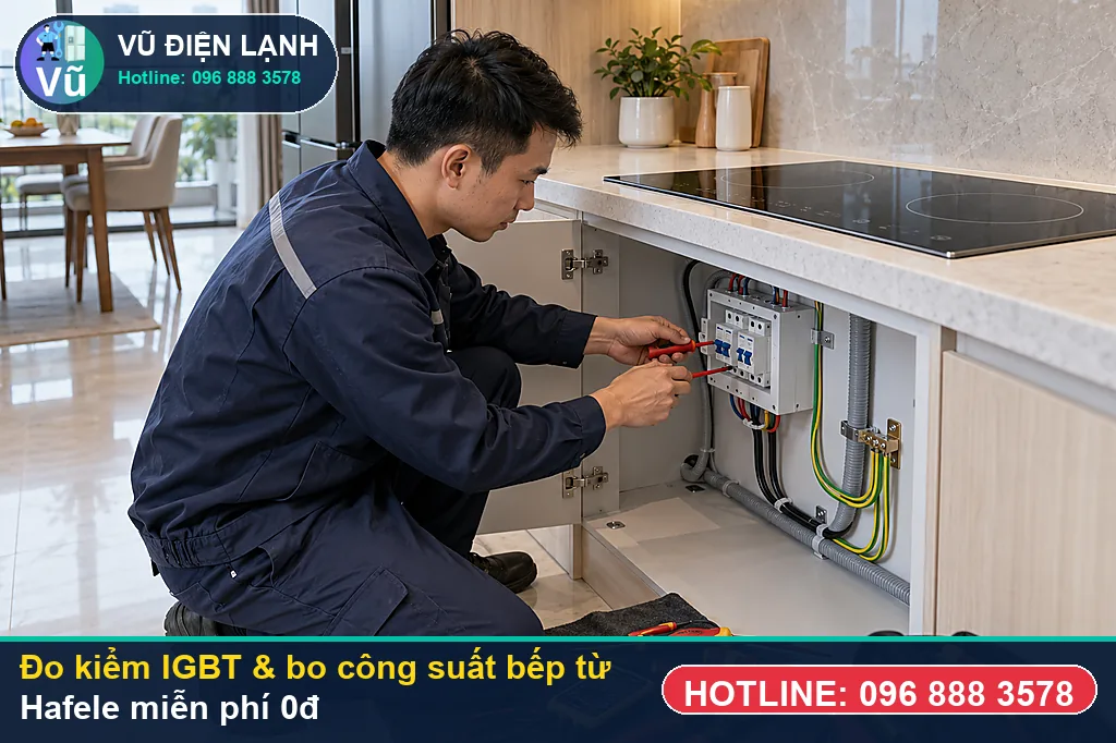Thợ Vũ Điện Lạnh dùng đồng hồ vạn năng đo kiểm linh kiện khi sửa bếp từ hafele tại nhà
