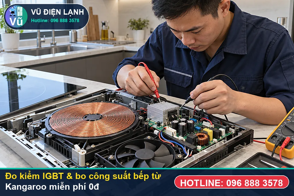 Thợ Vũ Điện Lạnh dùng đồng hồ vạn năng đo kiểm linh kiện khi sửa bếp từ kangaroo tại nhà