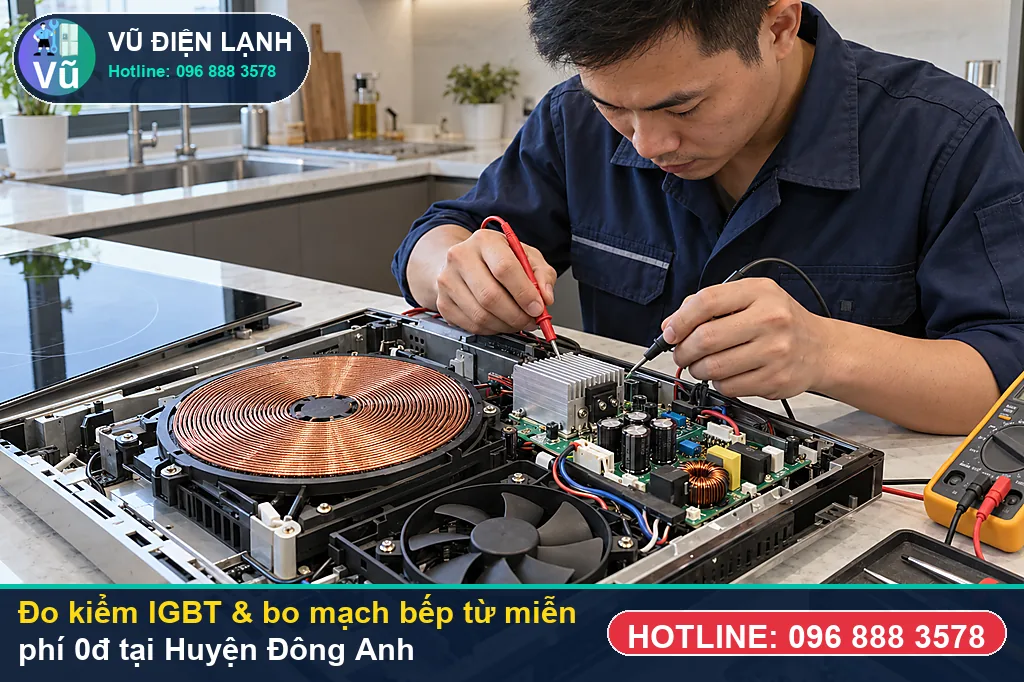 Thợ Vũ Điện Lạnh dùng đồng hồ vạn năng đo kiểm IGBT, tụ lọc và mâm từ khi sửa bếp từ tại đông anh ở KĐT Eurowindow River Park (Đông Hội - cầu Đông Trù), Khu nhà ở công nhân Kim Chung (KCN Bắc Thăng Long)