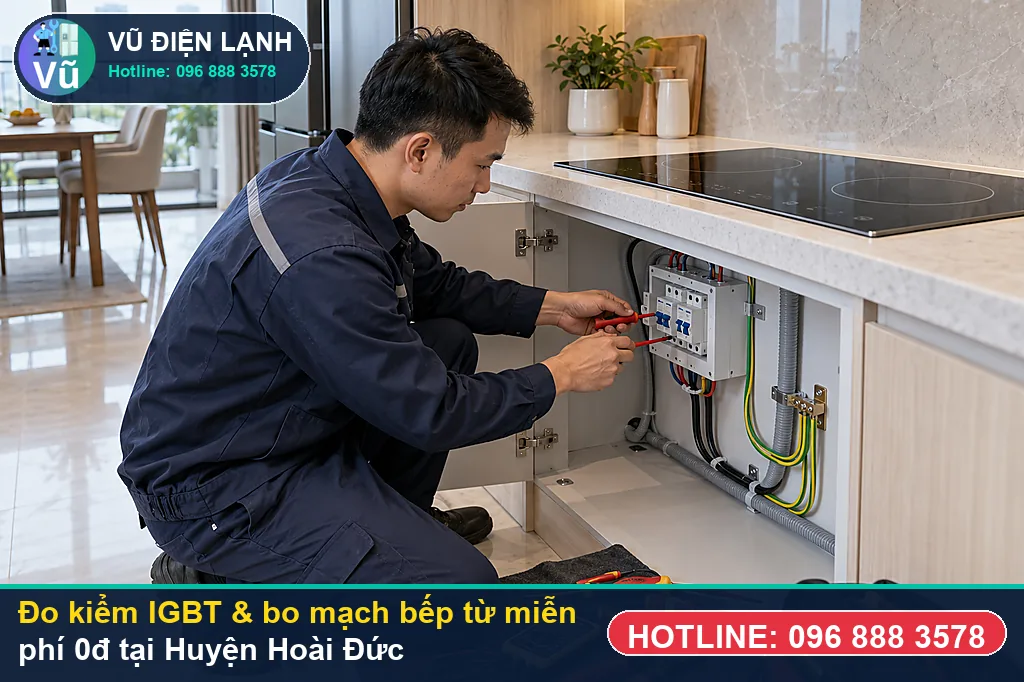 Thợ Vũ Điện Lạnh dùng đồng hồ vạn năng đo kiểm IGBT, tụ lọc và mâm từ khi sửa bếp từ tại hoài đức ở KĐT Bắc An Khánh (Splendora), KĐT Nam An Khánh
