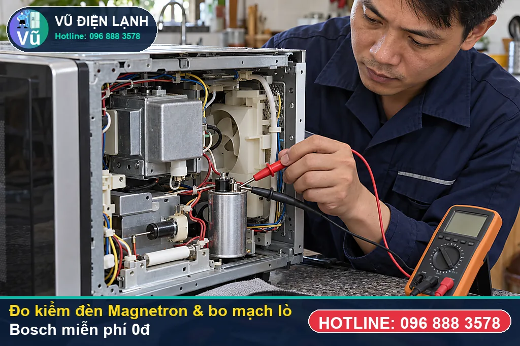 Thợ Vũ Điện Lạnh dùng đồng hồ vạn năng đo kiểm linh kiện khi sửa lò vi sóng bosch tại nhà