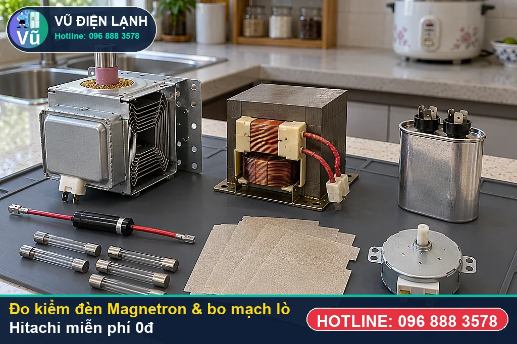 Thợ Vũ Điện Lạnh dùng đồng hồ vạn năng đo kiểm linh kiện khi sửa lò vi sóng hitachi tại nhà