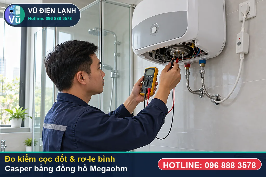 Thợ Vũ Điện Lạnh dùng đồng hồ vạn năng đo kiểm cọc đốt và rơ-le khi sửa bình nóng lạnh casper tại nhà