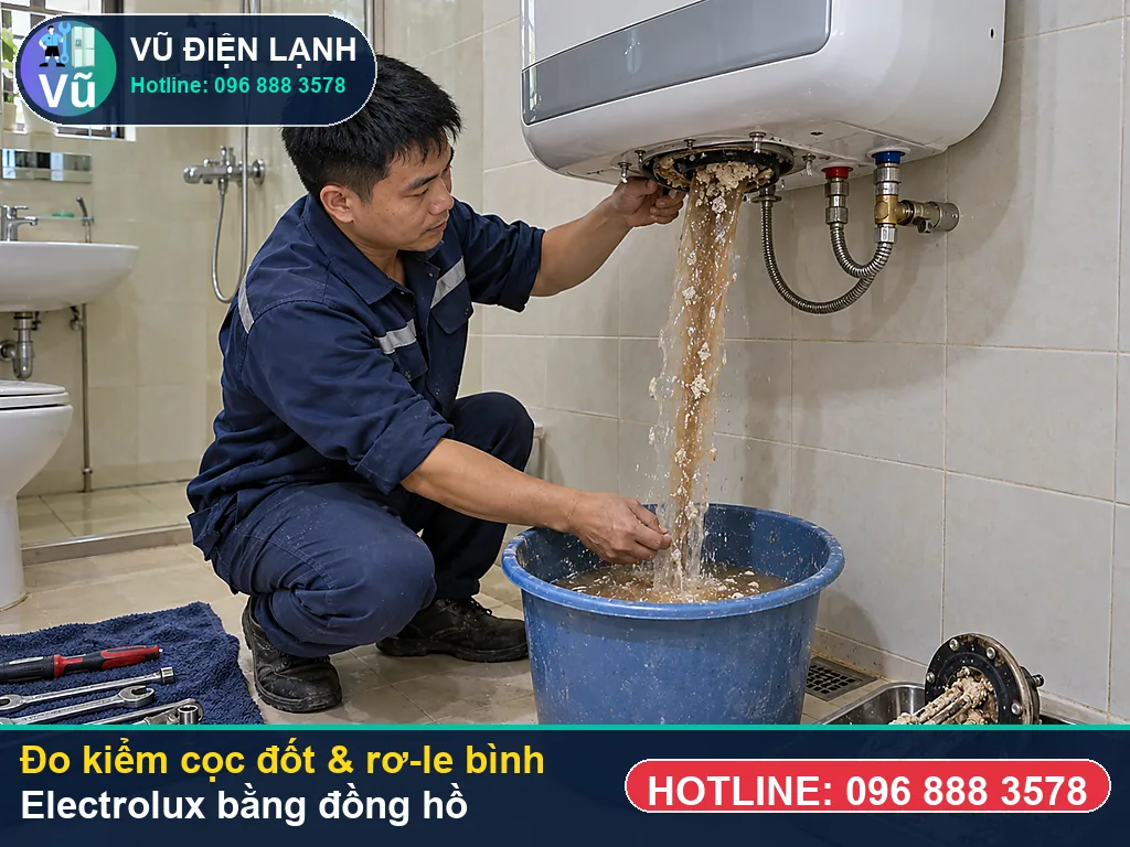 Thợ Vũ Điện Lạnh dùng đồng hồ vạn năng đo kiểm cọc đốt và rơ-le khi sửa bình nóng lạnh electrolux tại nhà