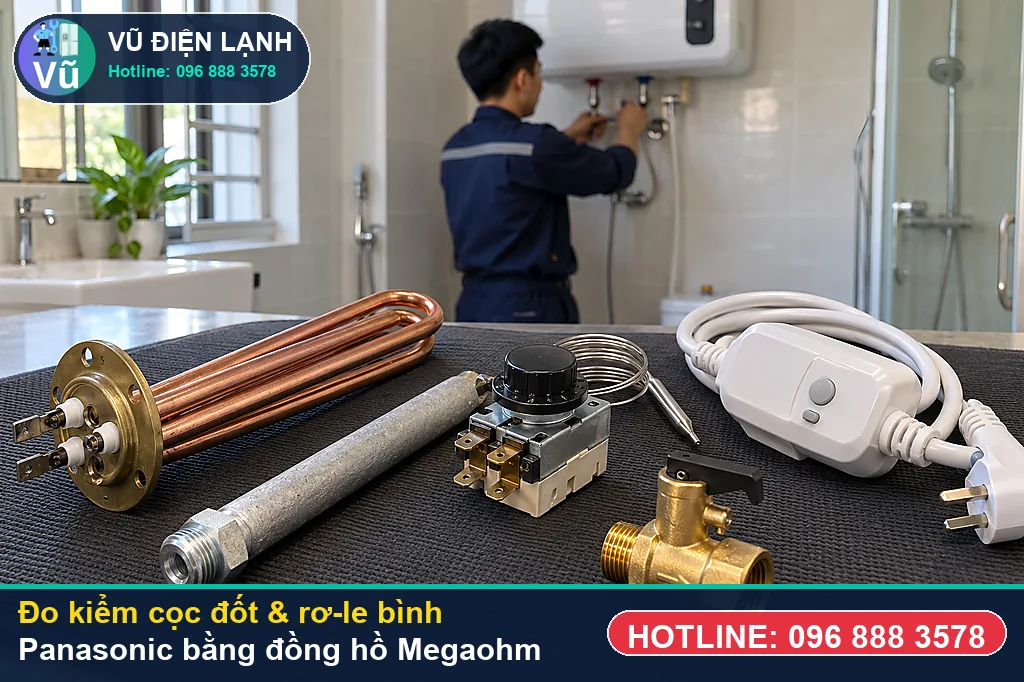 Thợ Vũ Điện Lạnh dùng đồng hồ vạn năng đo kiểm cọc đốt và rơ-le khi sửa bình nóng lạnh panasonic tại nhà