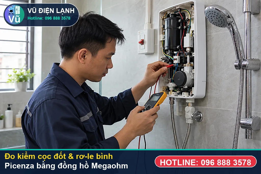 Thợ Vũ Điện Lạnh dùng đồng hồ vạn năng đo kiểm cọc đốt và rơ-le khi sửa bình nóng lạnh picenza tại nhà