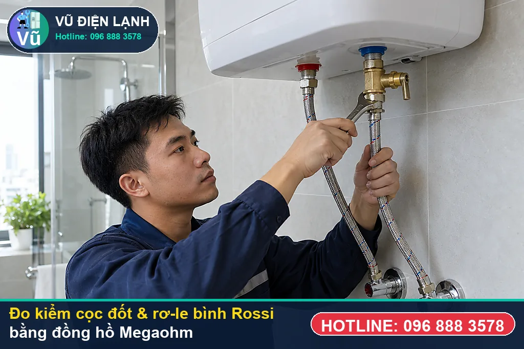 Thợ Vũ Điện Lạnh dùng đồng hồ vạn năng đo kiểm cọc đốt và rơ-le khi sửa bình nóng lạnh rossi tại nhà