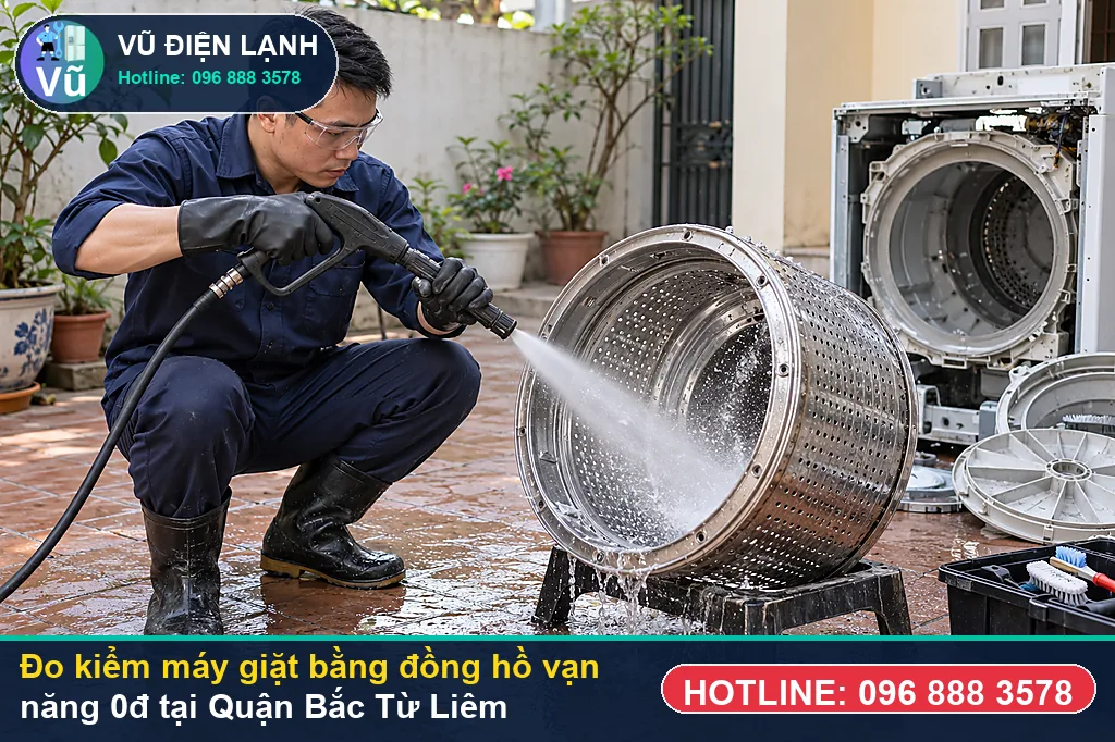 Thợ Vũ Điện Lạnh dùng đồng hồ vạn năng đo kiểm van cấp, bơm xả và bo mạch khi sửa máy giặt quận bắc từ liêm ở KĐT Thành phố Giao Lưu (Green Stars, An Bình City 232 Phạm Văn Đồng)