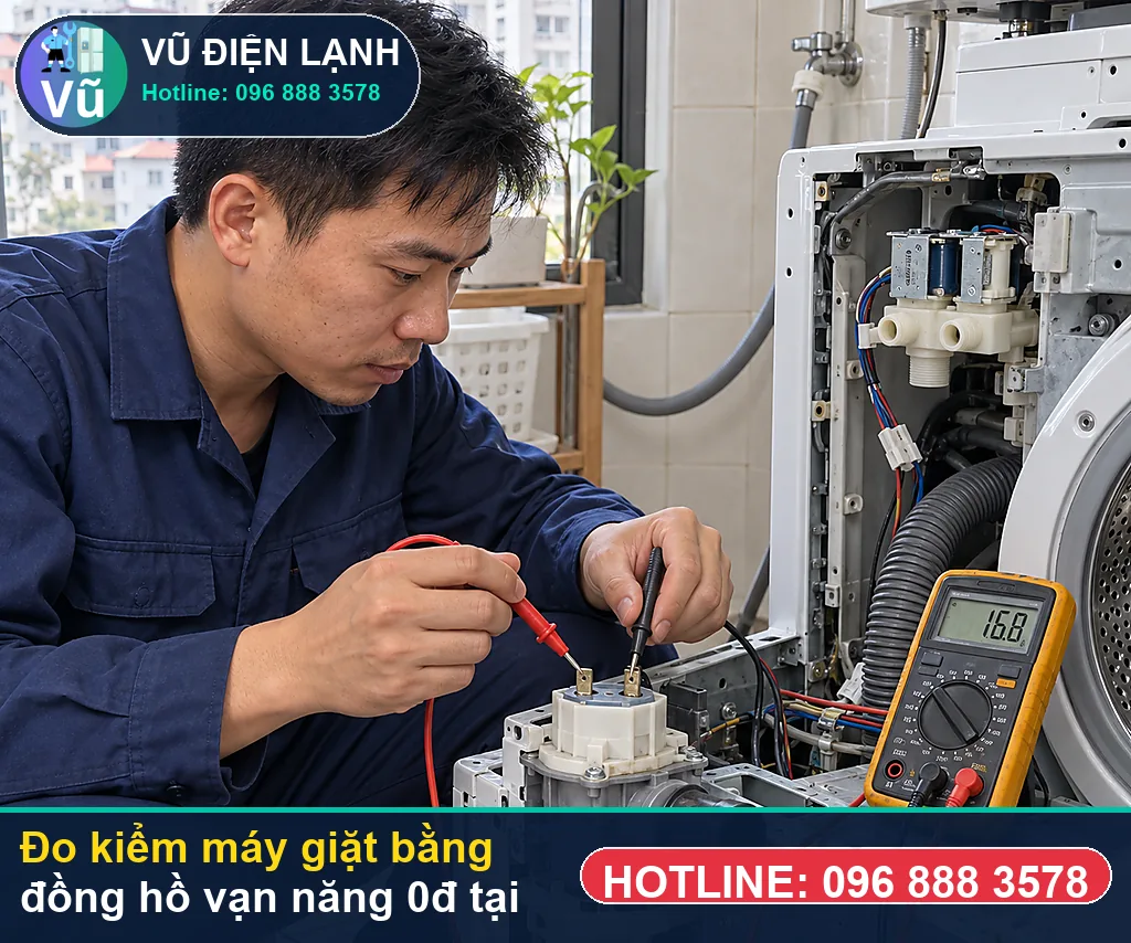 Thợ Vũ Điện Lạnh dùng đồng hồ vạn năng đo kiểm van cấp, bơm xả và bo mạch khi sửa máy giặt huyện thường tín ở Phố Trần Phú - Thị trấn Thường Tín, KCN Quất Động