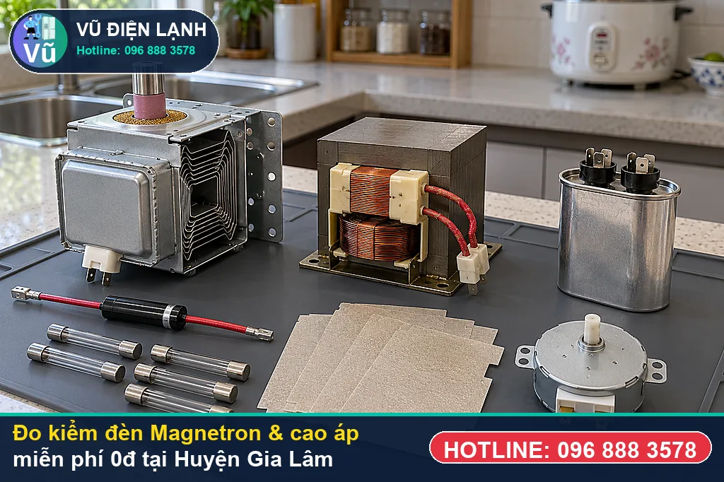 Thợ Vũ Điện Lạnh dùng đồng hồ vạn năng đo kiểm đèn Magnetron, tụ 2100V và cầu chì 5kV khi sửa lò vi sóng tại gia lâm ở Đại đô thị Vinhomes Ocean Park (Đa Tốn - Kiêu Kỵ), KĐT Đặng Xá