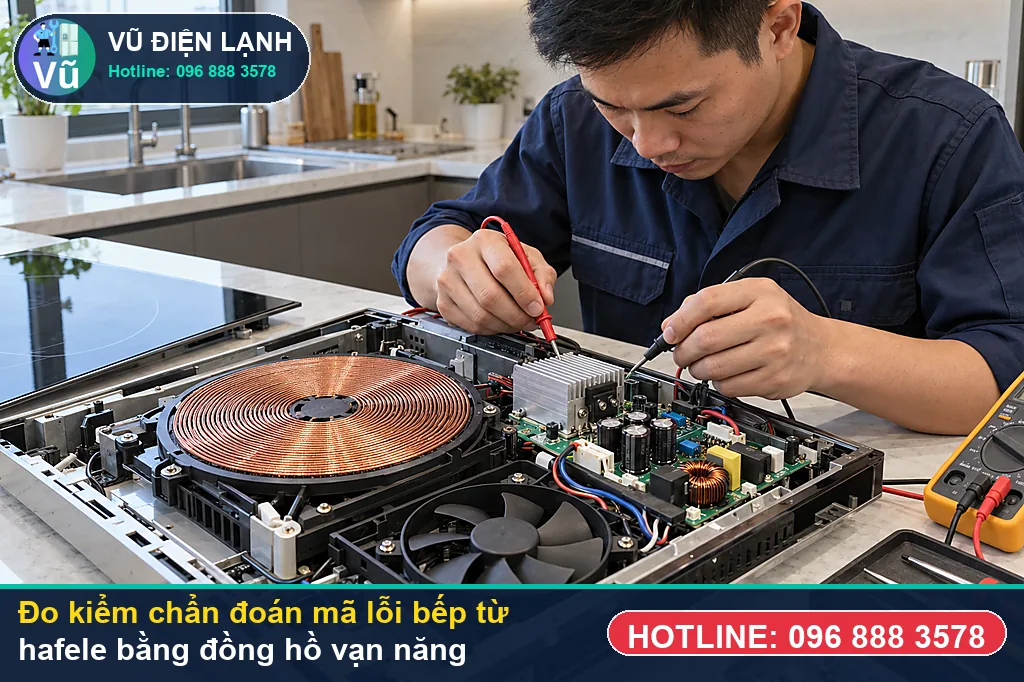 Thợ Vũ Điện Lạnh dùng đồng hồ vạn năng đo kiểm linh kiện khi bếp báo mã lỗi bếp từ hafele