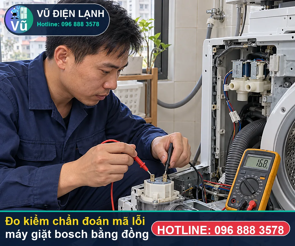 Thợ Vũ Điện Lạnh dùng đồng hồ vạn năng đo kiểm linh kiện khi máy báo mã lỗi máy giặt bosch