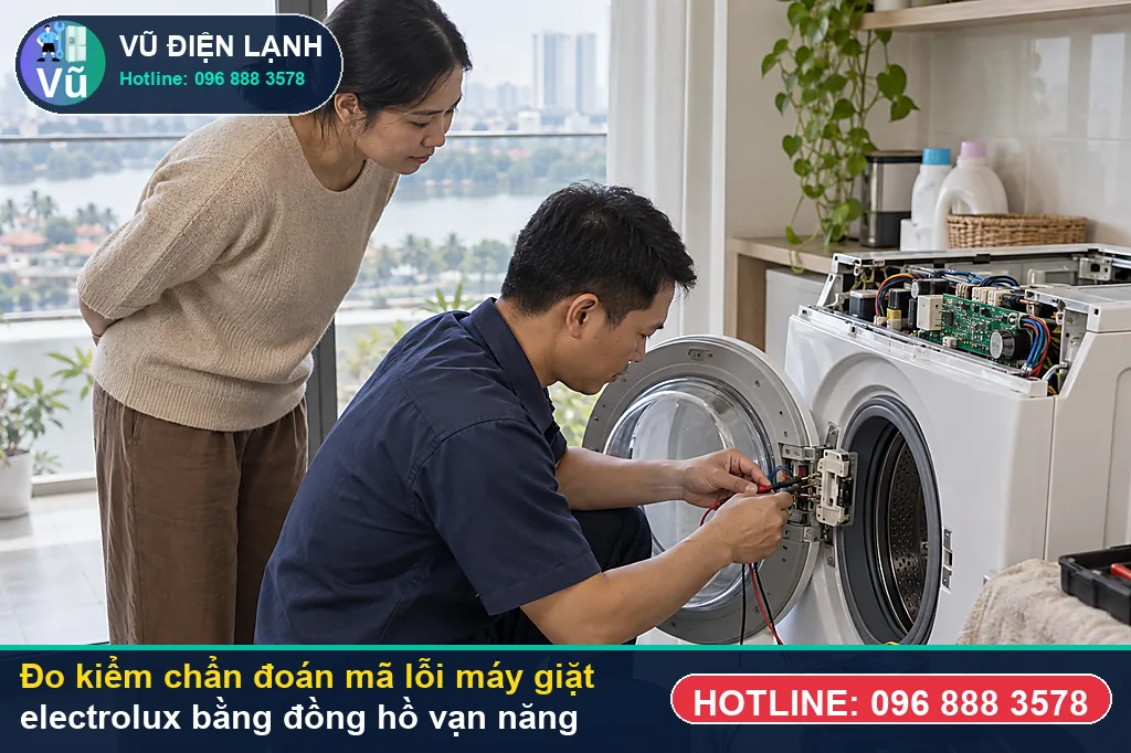 Thợ Vũ Điện Lạnh dùng đồng hồ vạn năng đo kiểm linh kiện khi máy báo mã lỗi máy giặt electrolux