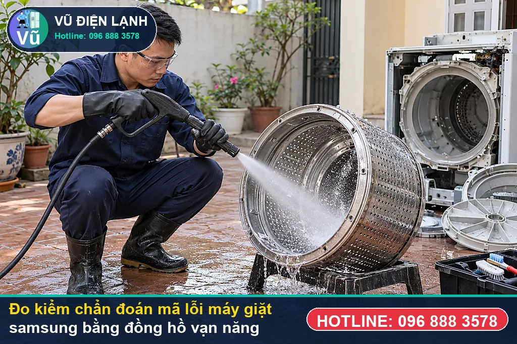 Thợ Vũ Điện Lạnh dùng đồng hồ vạn năng đo kiểm linh kiện khi máy báo mã lỗi máy giặt samsung