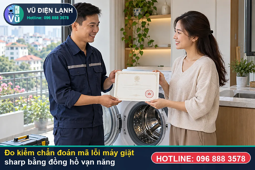 Thợ Vũ Điện Lạnh dùng đồng hồ vạn năng đo kiểm linh kiện khi máy báo mã lỗi máy giặt sharp